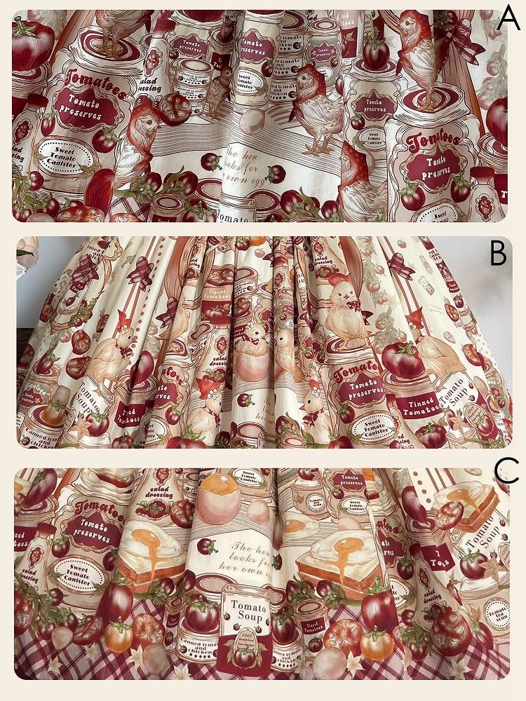 Rotes Country Lolita-Kurzkleid mit karierten Ärmeln und Muster und Aufdruck „Dosentomatoes“