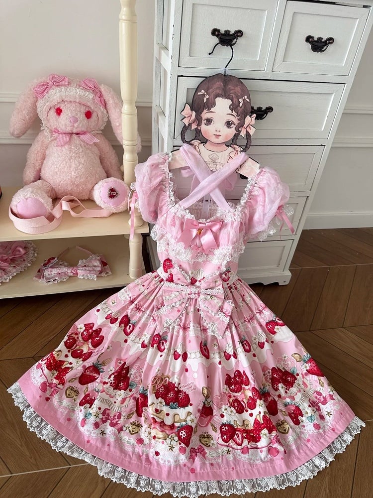 Pink Print Dress Lolita Cake Short Sleeves Sweet Strawberry