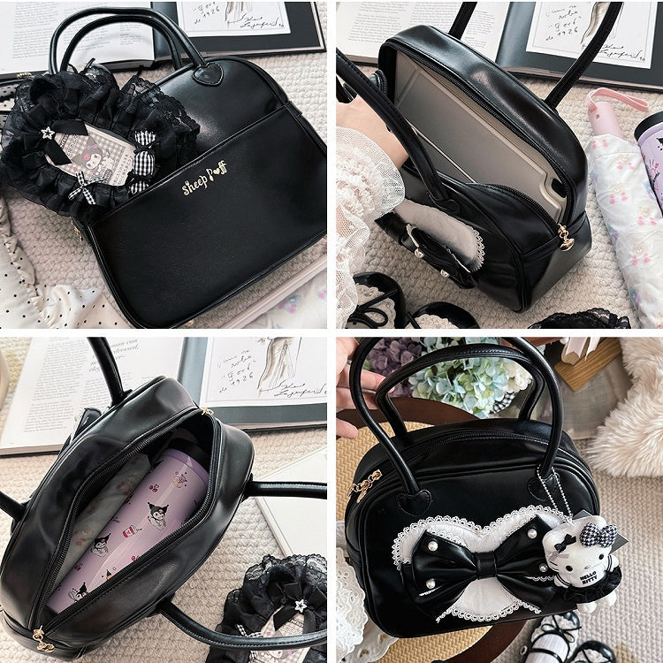 Decorated Sweet Black Hand Beaded Bag Plush Lolita Heart Bowknot