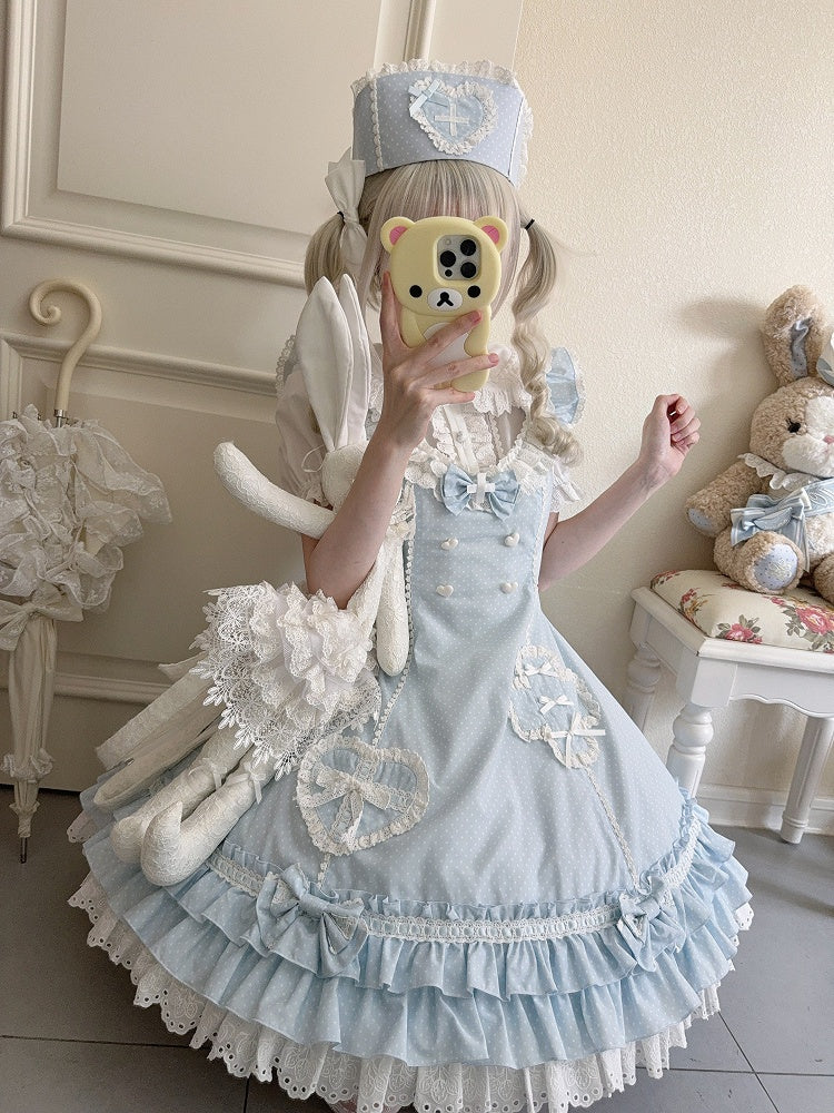 Layered Pattern Ruffle Nurse Hemline Blue Dress Polka-dot Lolita