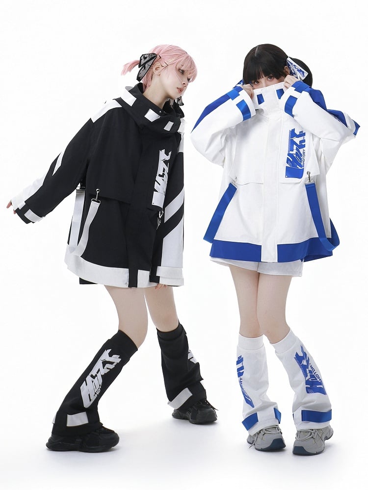Veste coupe-vent à capuche Jirai Kei Techwear bleu et blanc avec bretelles