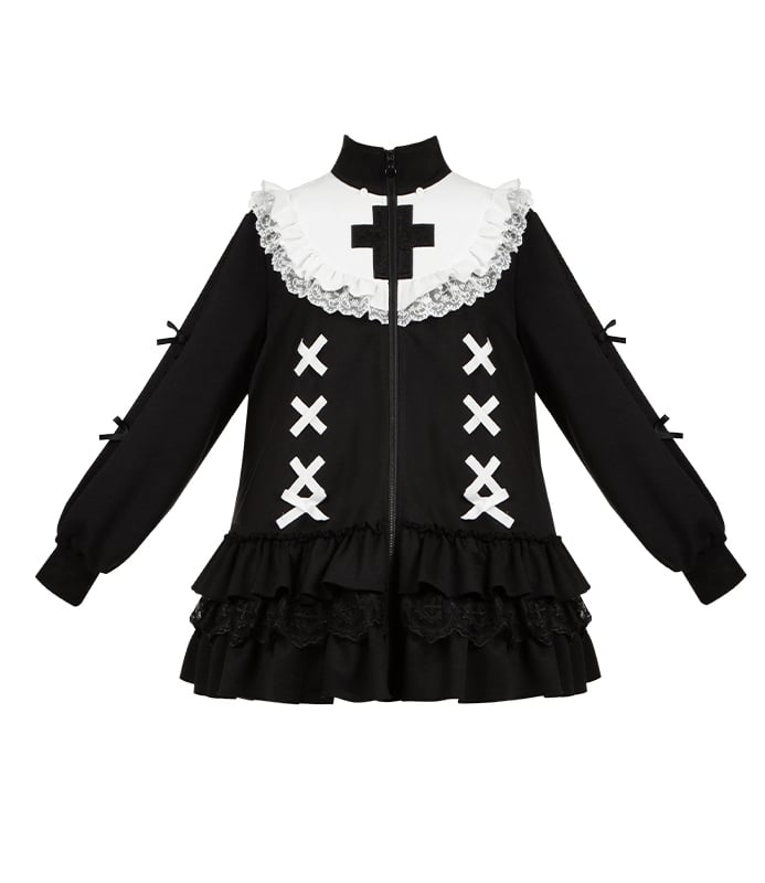 Layered Neck Jirai Cross High Black Jersey Embroidery Hem Kei-inspired Dress Ruffle