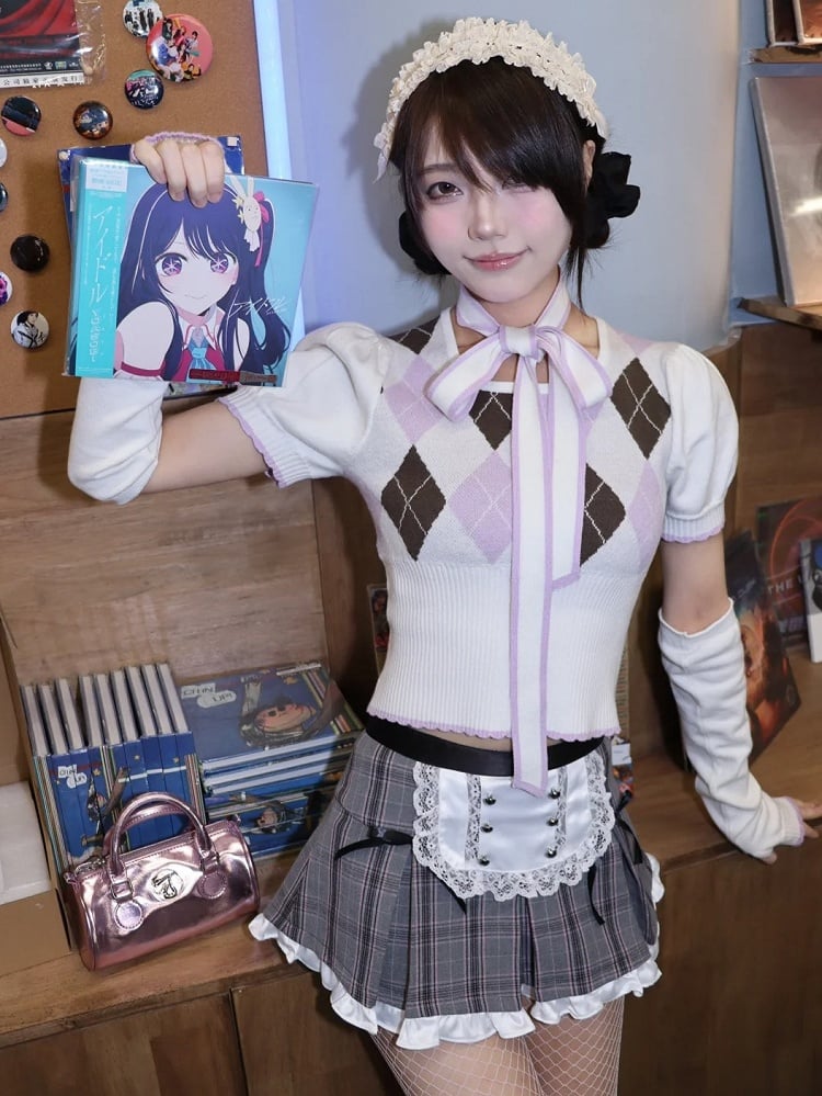 グレーのチェック柄フリルトリムエプロンデザインミニスカート