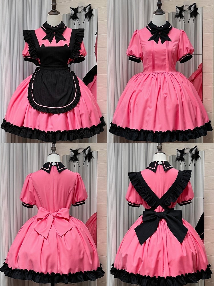 + and Black Sleeves Puff Maid Short Apron Dress Lolita Pink Kitty