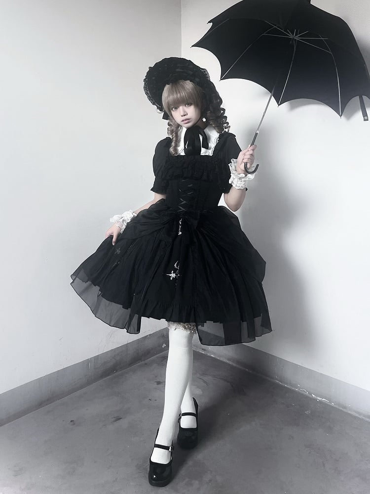 Black with Jumper Gothic Overlay Drawstring Boned Detachable Waist Lolita Skirt