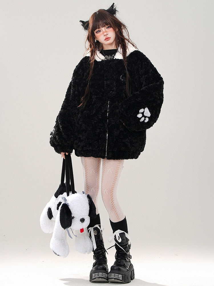 Black Cute Kitty Head Hood Fleece Zip Hoodie