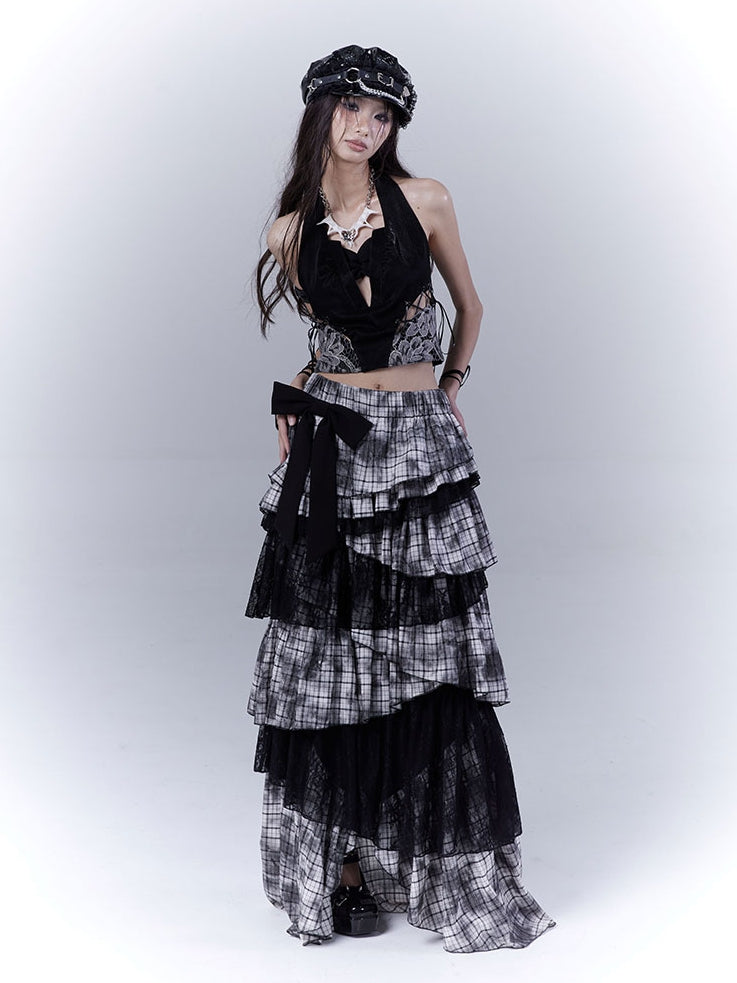 Regular/Long Version Asymmetrical Tiered Plaid Skirt Black Punk