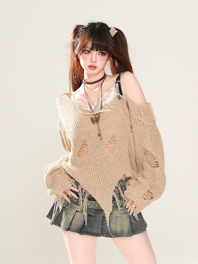 Gestrickter Punk Khaki Asymmetrischer Ausschnitt und Löcher am oberen Saum Wasteland Distressed