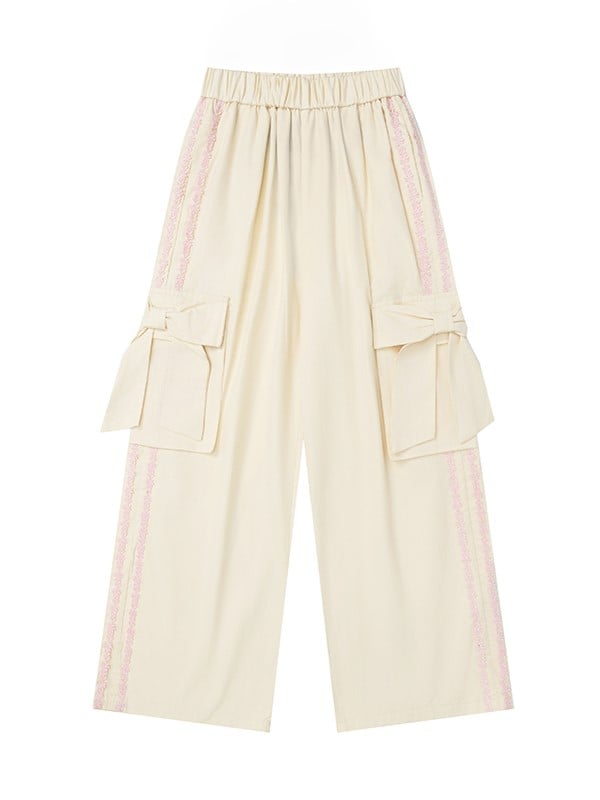Pants Floral Bow Details Straight-leg With Apricot/Black Stripes And