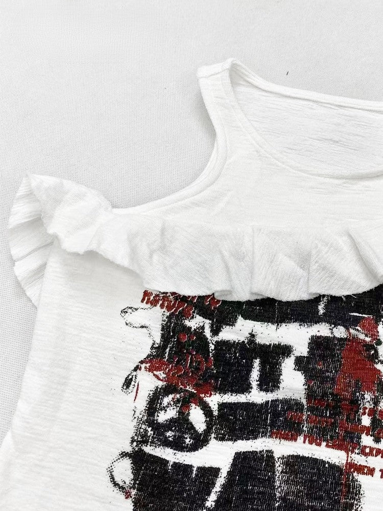 Neckline Print White Glamorous Letter Asymmetrical Top And Cami Hem