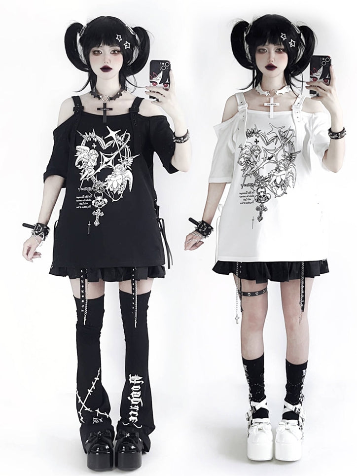 Black/White with T-shirt Gothic Off-Shoulder Choker Y2K Free Angel Heavenly