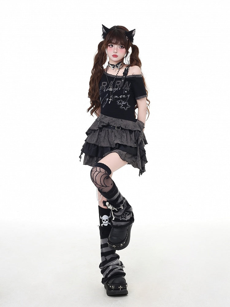 Black Asymmetrical Neckline and Buckle Hem Strap Distressed Holes Graphic T-Shirt