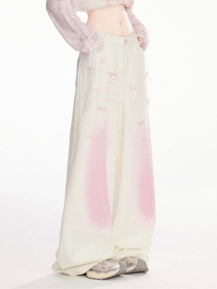 and Pink Ombre Low Apricot Bowknots Print Wide-Leg Pants Waist