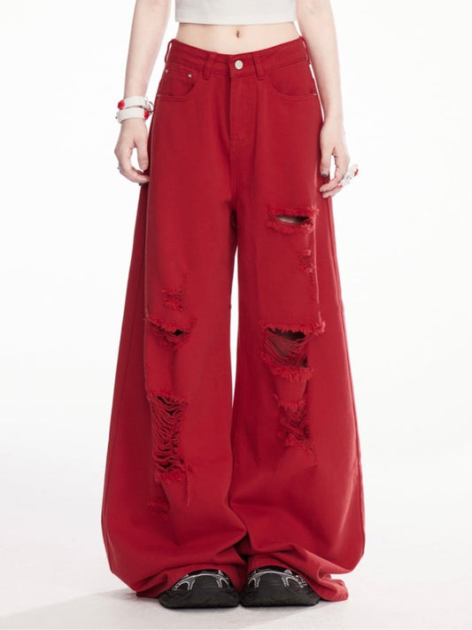 Wide-Leg Jeans Red Low Waist Distressed Holes