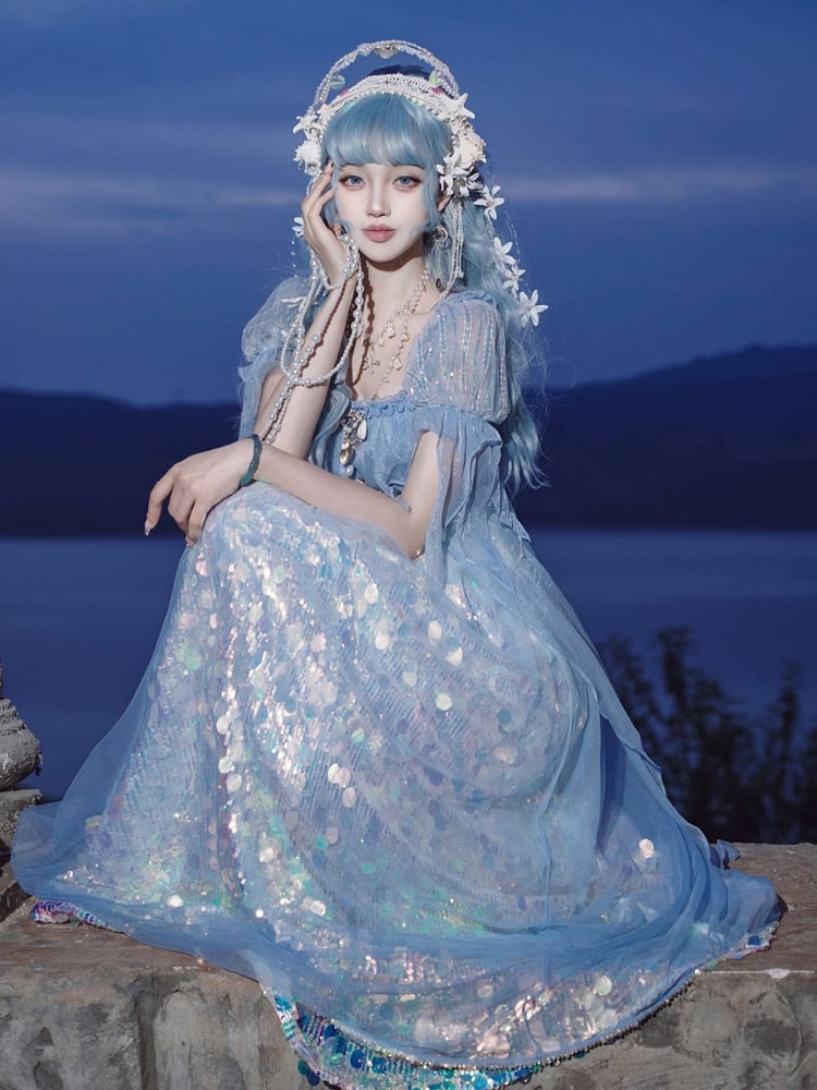 Mermaid-Inspired Sequined Sparkling Dress Empire Blue Waist Lolita