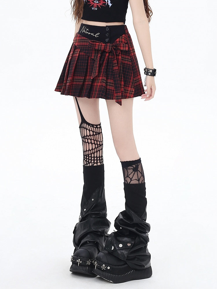 Glamorous Waist Bowknot Mini Pleated Skirt Red Plaid High
