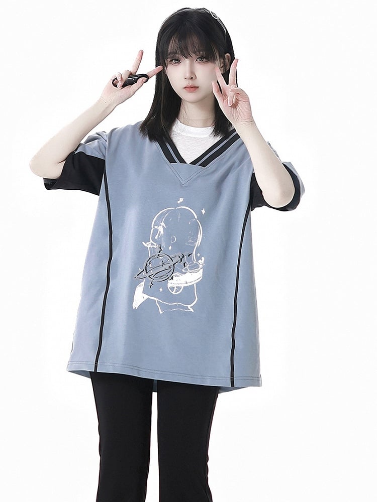 Two-pieces Neck Blue/Red Round Faux Light Graphic T-Shirt
