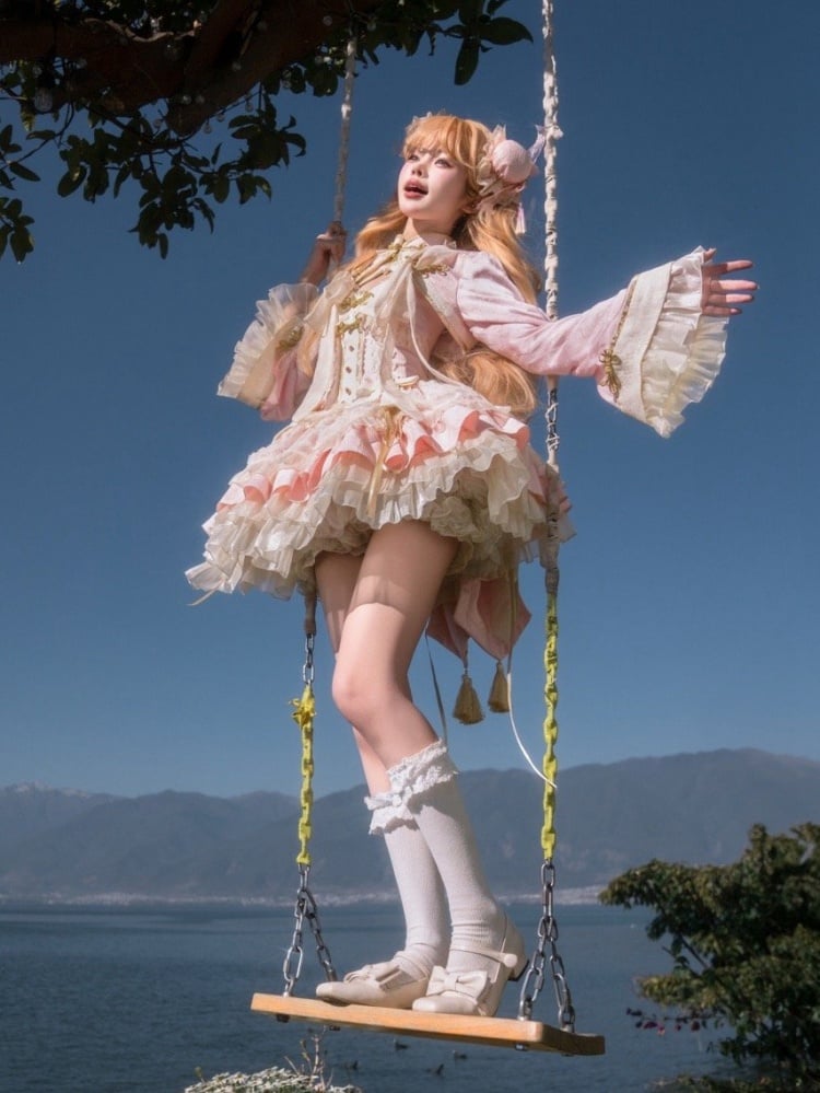 Sakura Pink Chinoiserie Stil Korsett Kleid Set Kirschblüten Festival Outfit