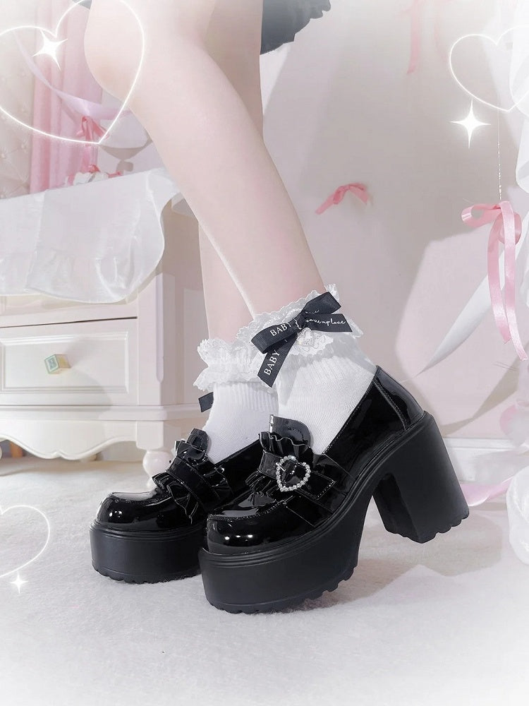 Platform Kei Black Polished Detail Heel Jirai with Sweetheart Loafers 9.5cm Beaded