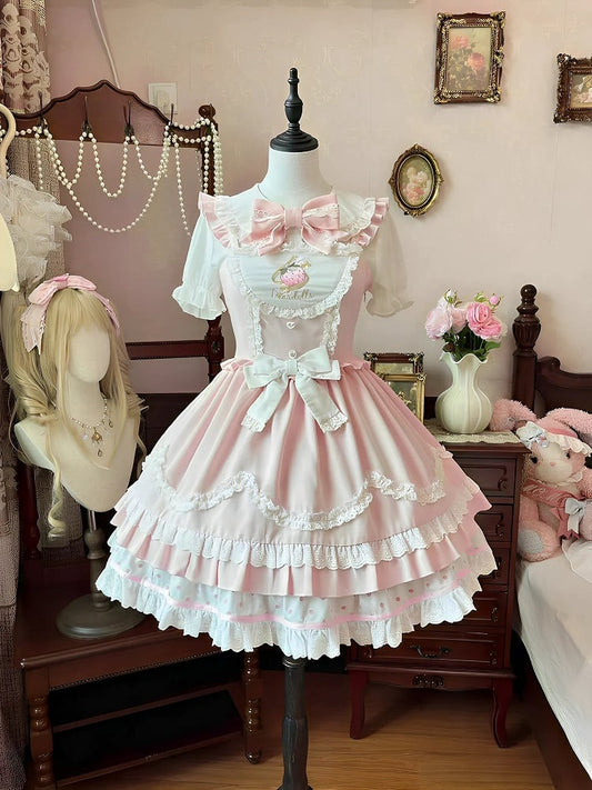 Strawberry Embroidery Pink Scalloped Edge Trim JSK Light Sweet Lolita Dress