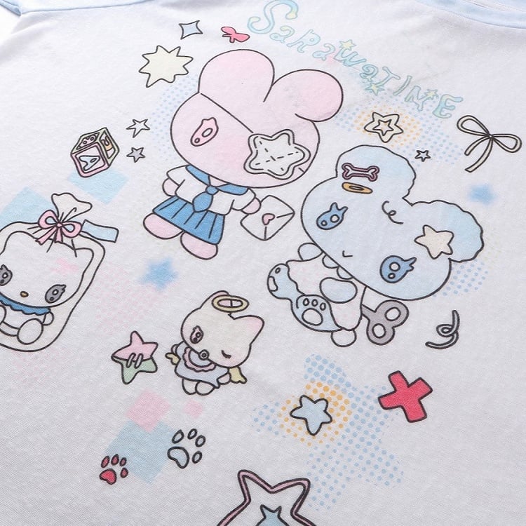 BlackWhite/PinkBlue Bunny Kitten Print Long Sleeve Top - Daily Kawaii Colorblock Design