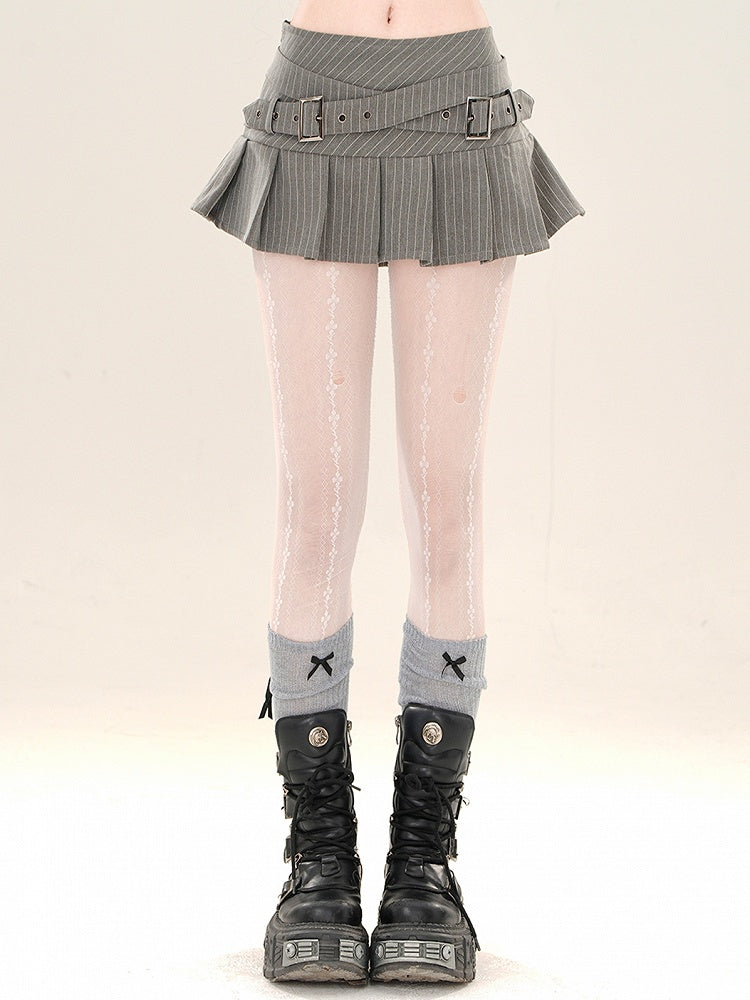 Buckle Straps Criss-cross Skirt Mini Grey Striped Pleated