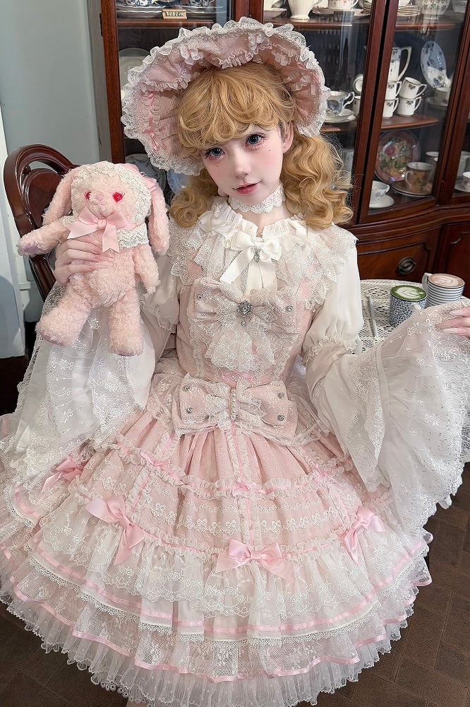 Rosa Lagenrock Hanayome Kleid Süßer Hime Lolita Pulloverrock mit abnehmbaren Schleifen