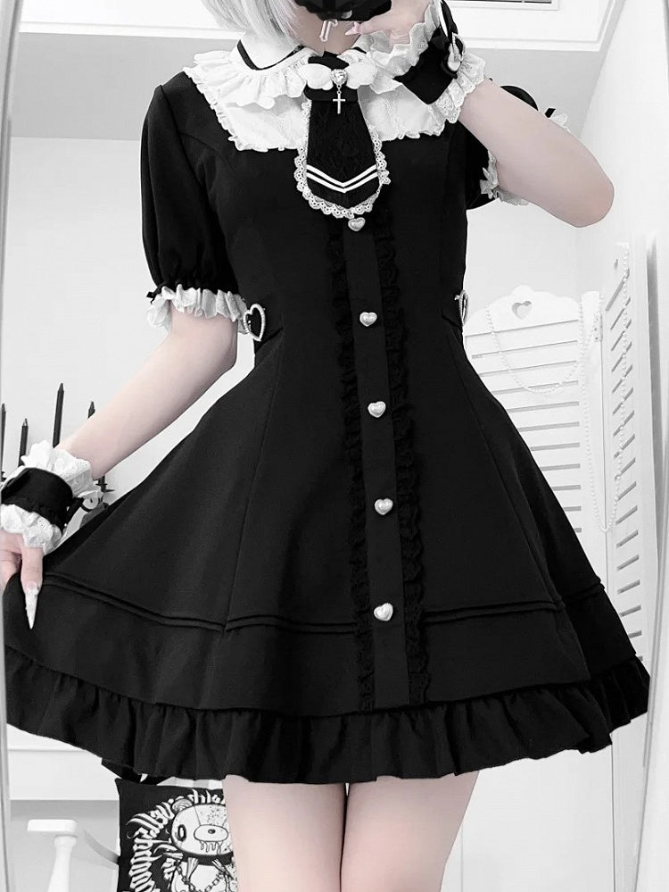 Tie Jirai Kei Set- Wrist + Black Available Lace Trim Dress + Cuffs Size Plus Shorts