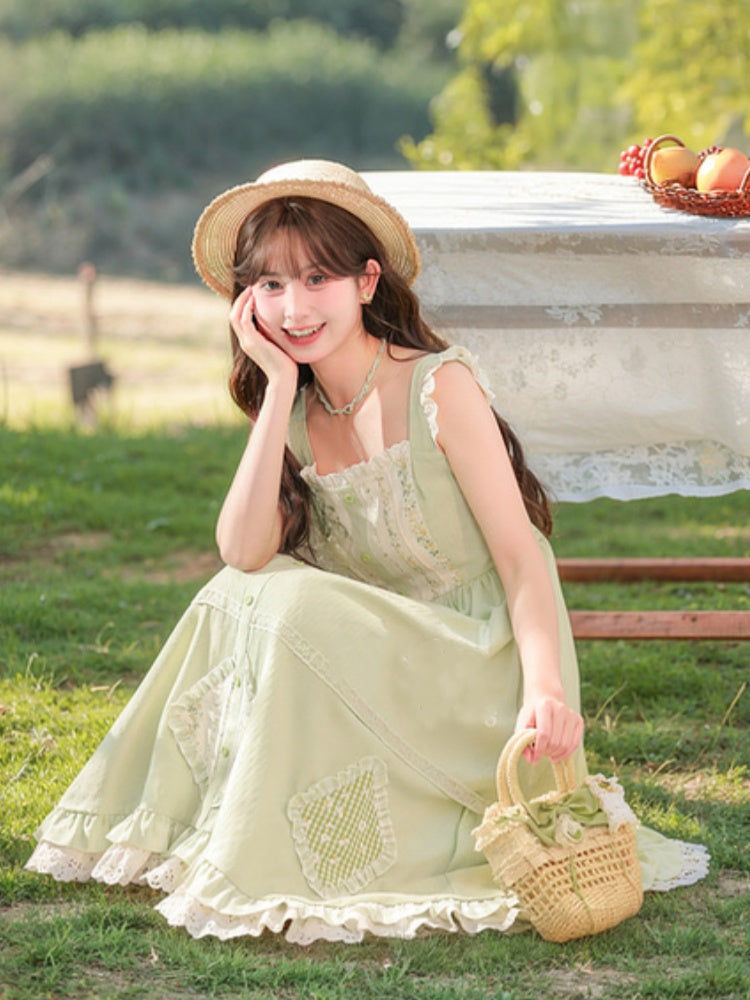 Mori Kei Green Floral Applique Sleeveless Dress