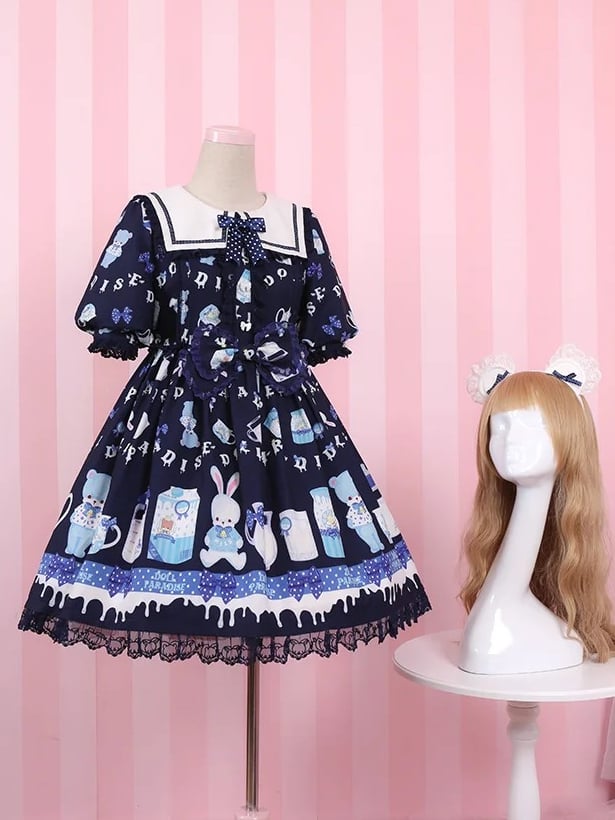 Cute Print Bear Light Blue/Navy Blue Sailor Collar Puff Sleeves