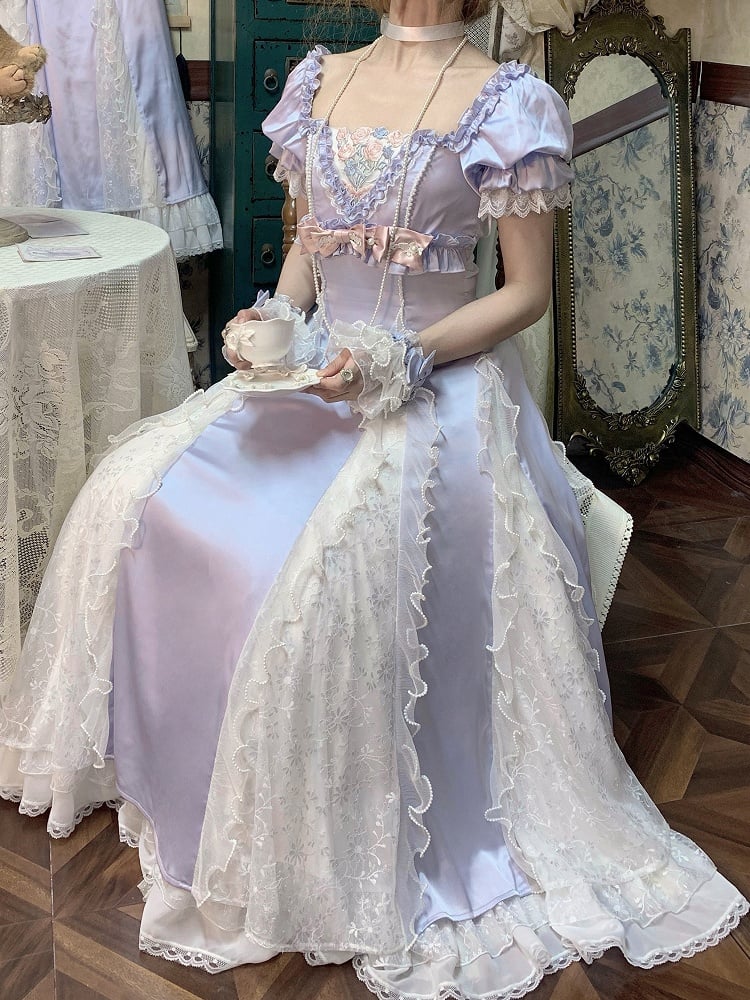 Blue Slim Fit Waist Floral Square Neckline Elegant Lolita Empire Dress