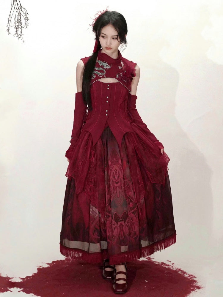 Roter Rock mit Drachen-Print und unregelmäßig bestickter Auflage