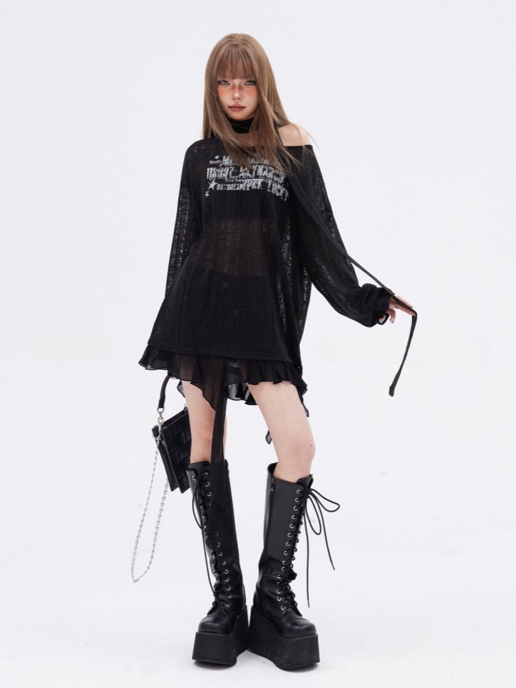 Scarf Free Printed Knitted Top with Black Asymmetrical Hem Hollow-out