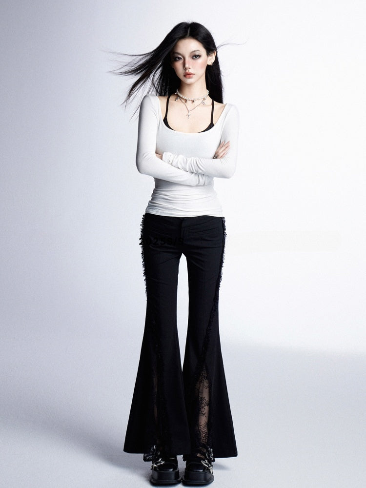 Lace Patches Cuffs Hem Glamorous Waist Raw Black Low Flared Pants