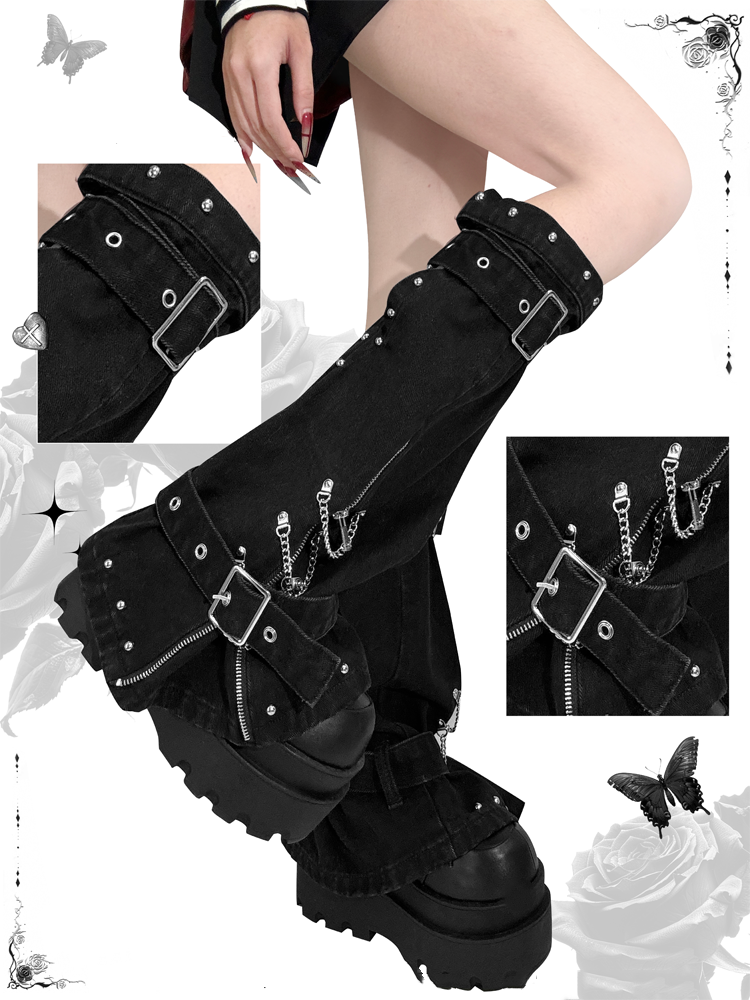 Black Punk 47.5cm Leg Warmers with Zipper and Buckle Straps at Cuffs Studded