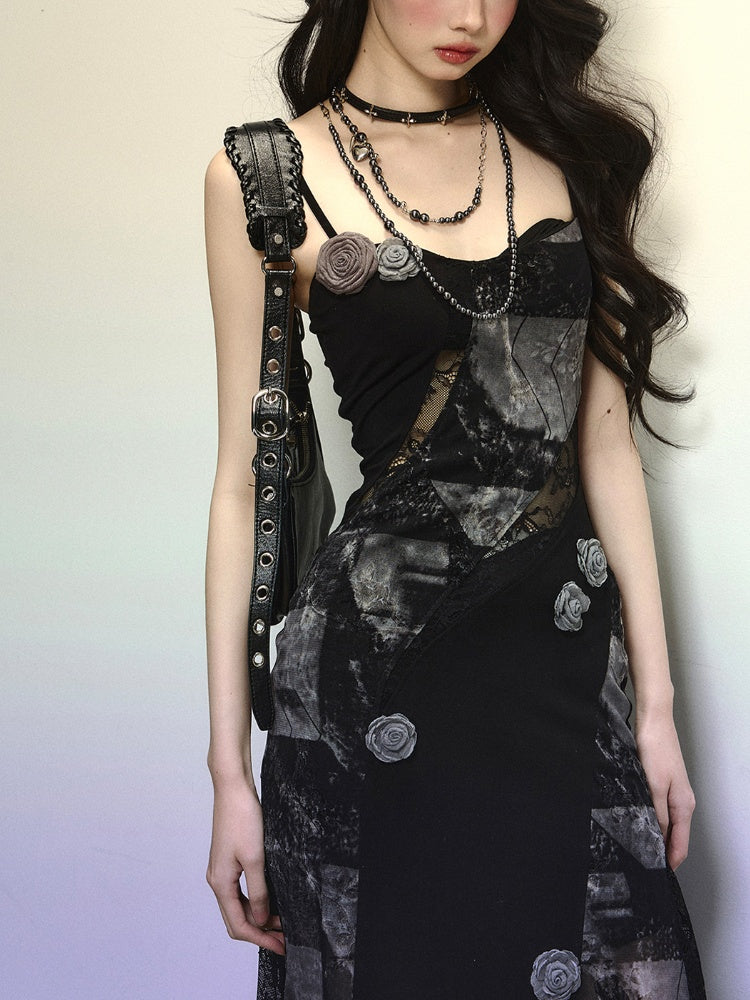 Black Floral Embellished Lace Patches Slim-fitting Cami Dress