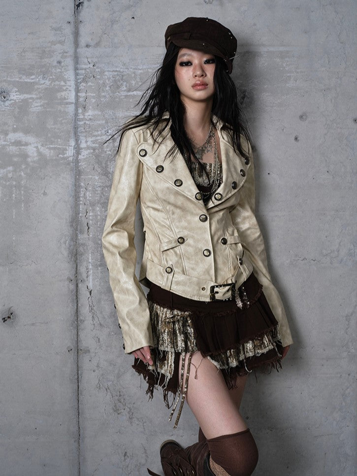 Yellow Belt Rose Jacket with Punk Buckle Embroidery Cropped Tailored Khaki
