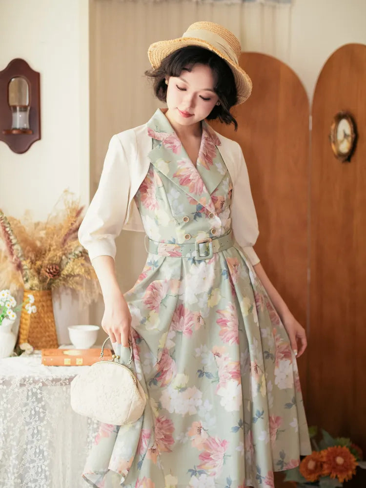Fashion Floral Dress Blazer Retro Print Collar Green Summer 1950s