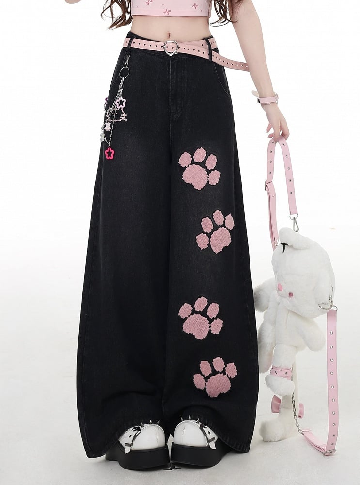 Waist Straight-Leg Jeans Pink Paw Embroidery Black Low