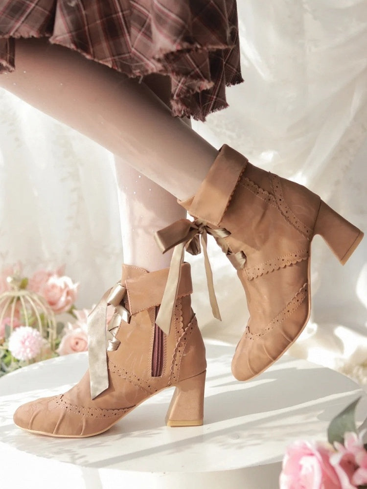 and Boots Fleece Ankle Fold-Over Cuff Design Lolita Brown Lining Plush - with Elegant Lace-Up