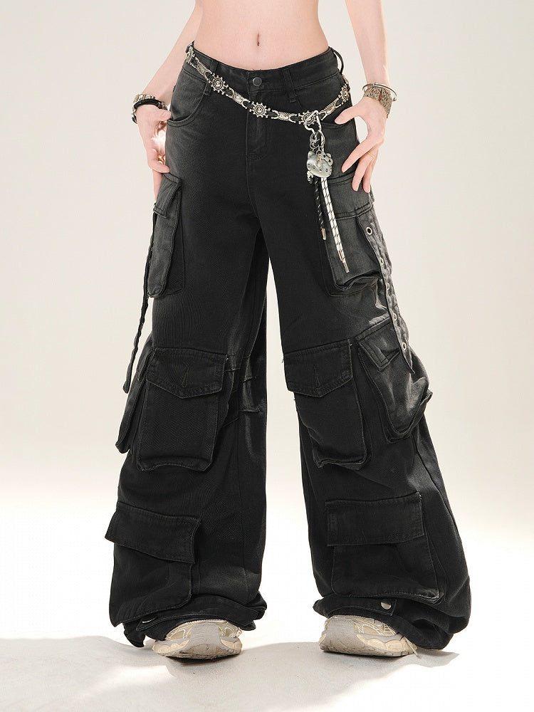 Low Blue/Black Waist Cargo Pockets Wide-Leg Jeans
