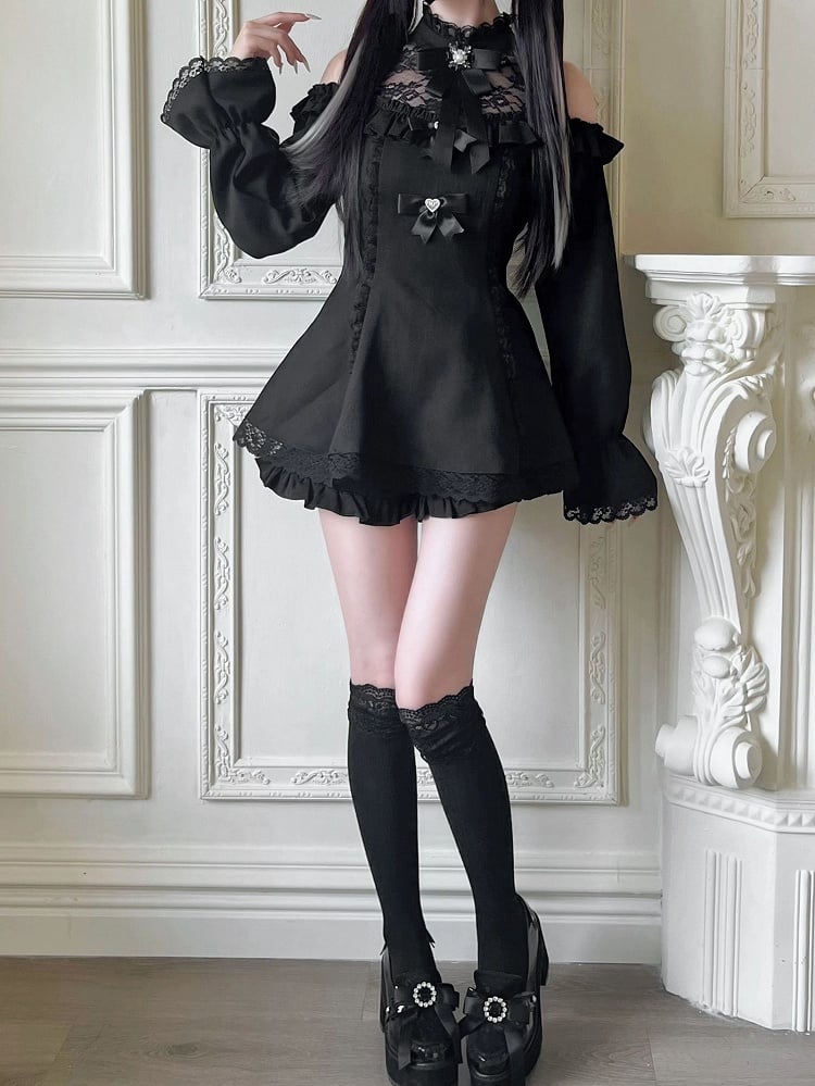 Mini-Schwarzer Rock mit Jirai Kei Illusion Rüschenshorts, Cutout-Schulterkleid, Saum-Ausschnitt