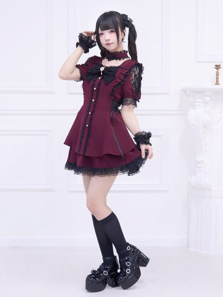Black Trim Dress Side Kei Set: Lace-up Wine and with Red Matching Lace Mini Skirt Jirai
