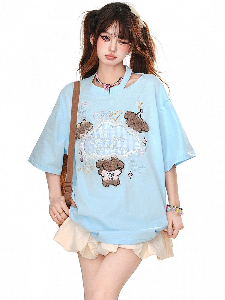 Blau/Apricot – Sommer-T-Shirt mit niedlichen Welpen-Applikationen und Cutout-Detail