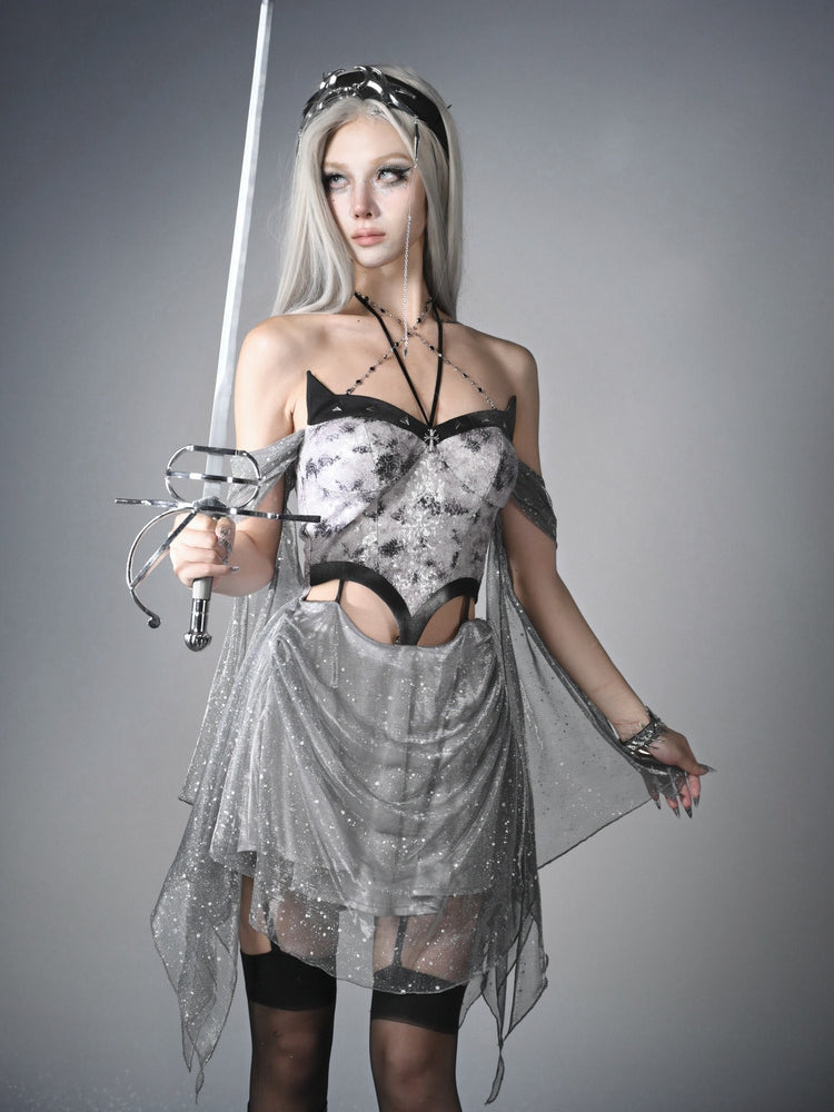 Dress Cyberpunk Futuristic Silver Tie Halter Neck Midriff Dye Y3K Fashion Cutout