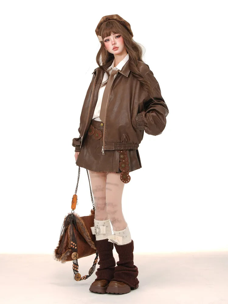 Faltenrock PU Braun/Rosa