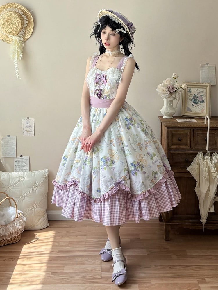 Hemline Gingham Dress Blueberry Lolita and Ice Cream Purple Print