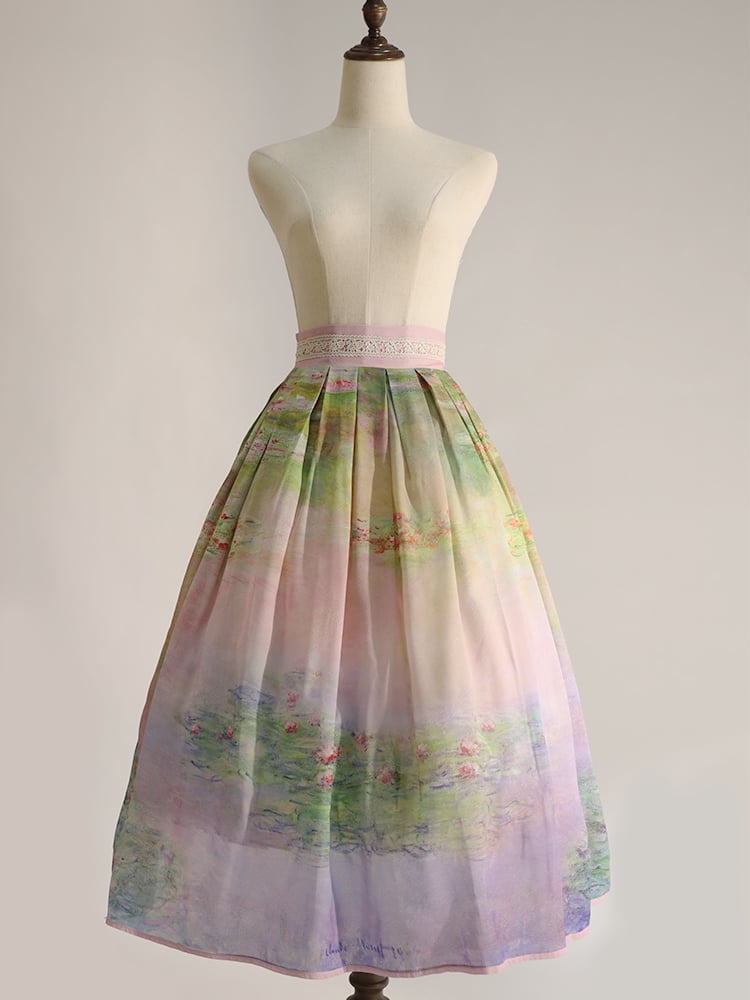 Lily Oil Painting Print Pink Long/Short High Green Waist Skirt and Version Water