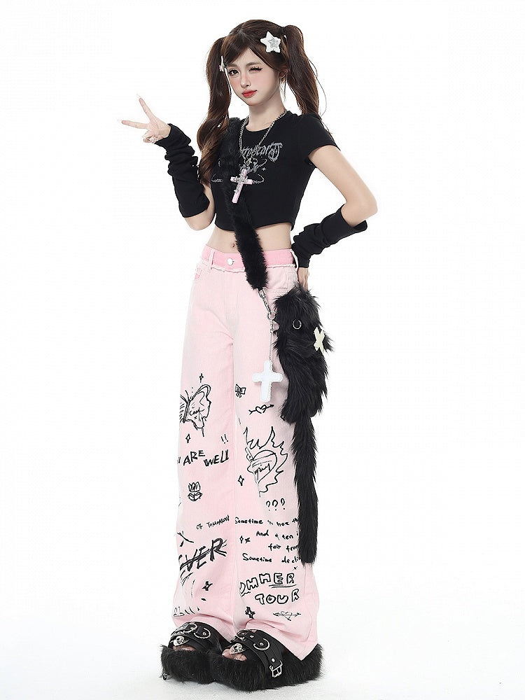 Pink Wide-leg Graffiti Design Jeans High Waist