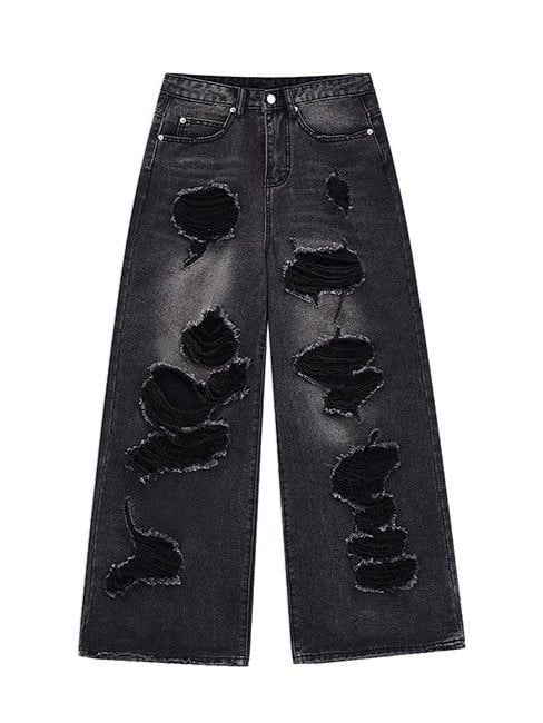Waist Distressed Wide-Leg Jeans with Faded Wash Black Low